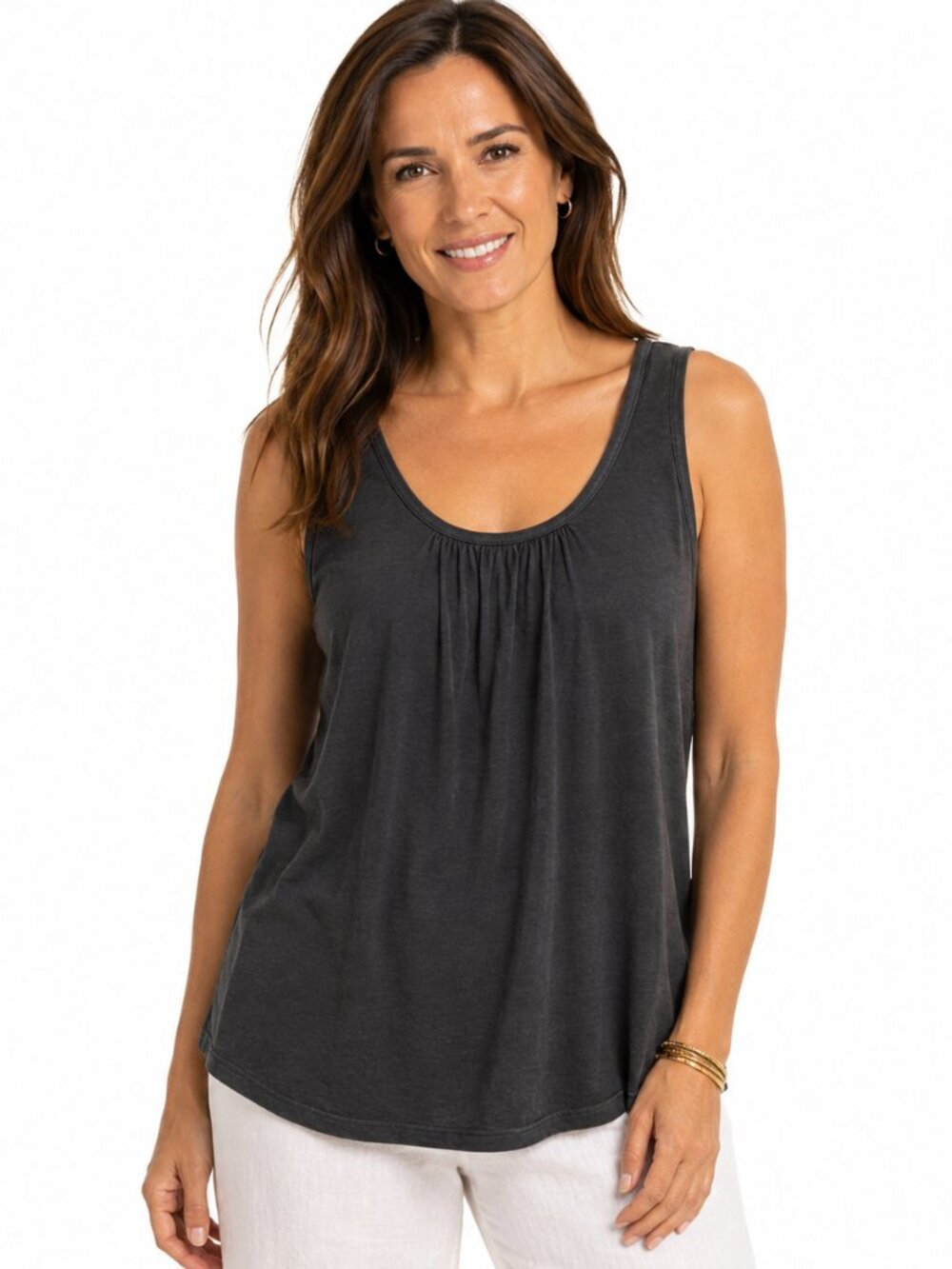 Eileen Fisher Gray Gathered Silk Scoop Neck Sleeveless Tank Top Minimalist Sz S
